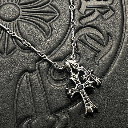 Punk hip-hop Thai silver plated 22K white gold double cross color diamond necklace sweater chain