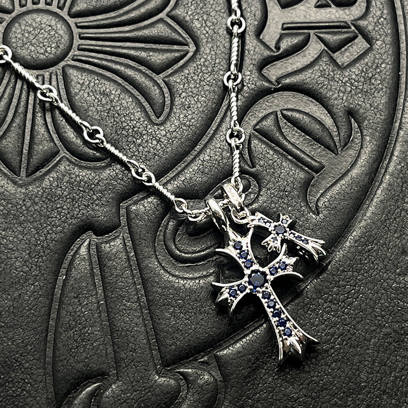 Punk hip-hop Thai silver plated 22K white gold double cross color diamond necklace sweater chain