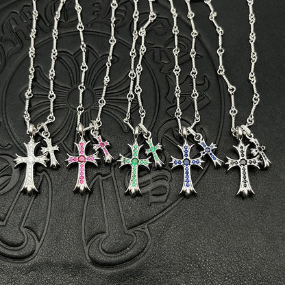 Punk hip-hop Thai silver plated 22K white gold double cross color diamond necklace sweater chain